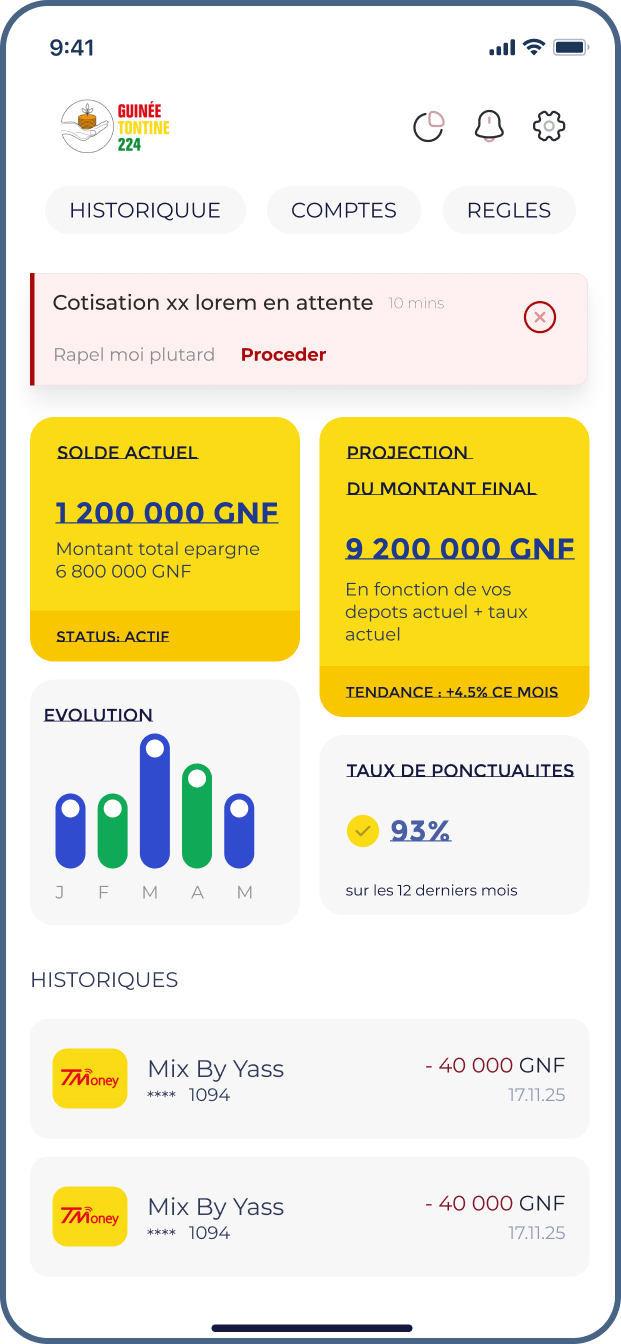 Tableau de bord de l'application Guinée Tontine 224
